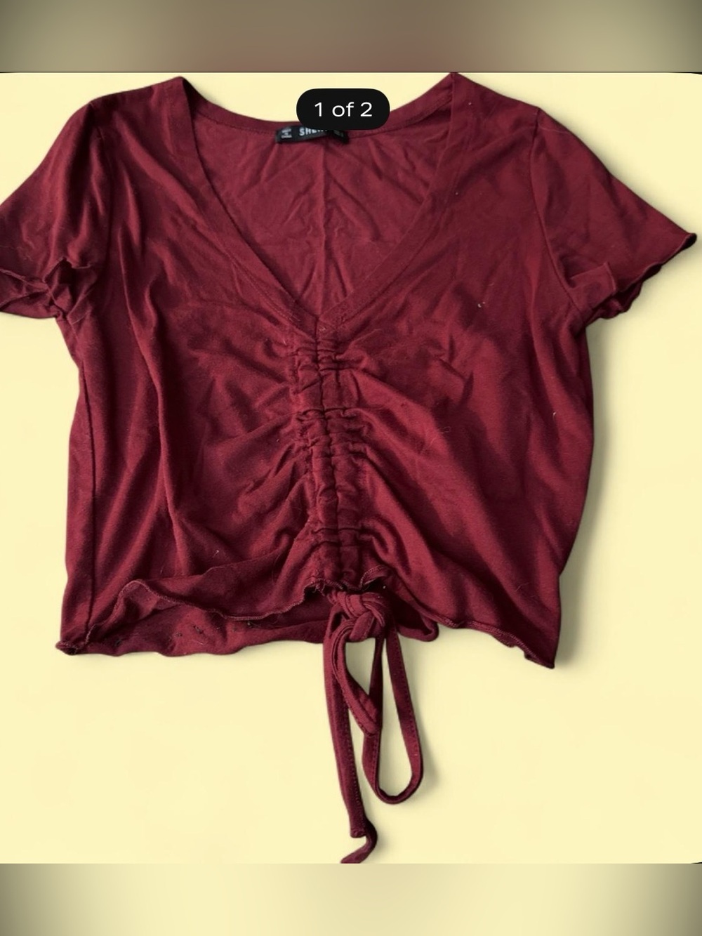 SHEIN Burgundy Short Sleeve Ruched Tie Crop Top